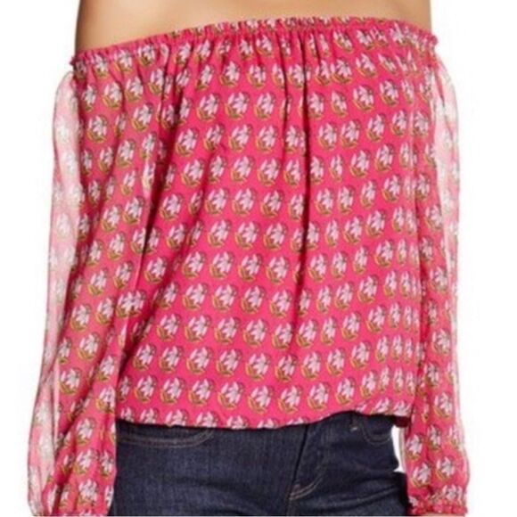 Diane Von Furstenberg Women's Kamber Red Silk Off-Shoulder Sheer Sleeves Top XS - Picture 1 of 8